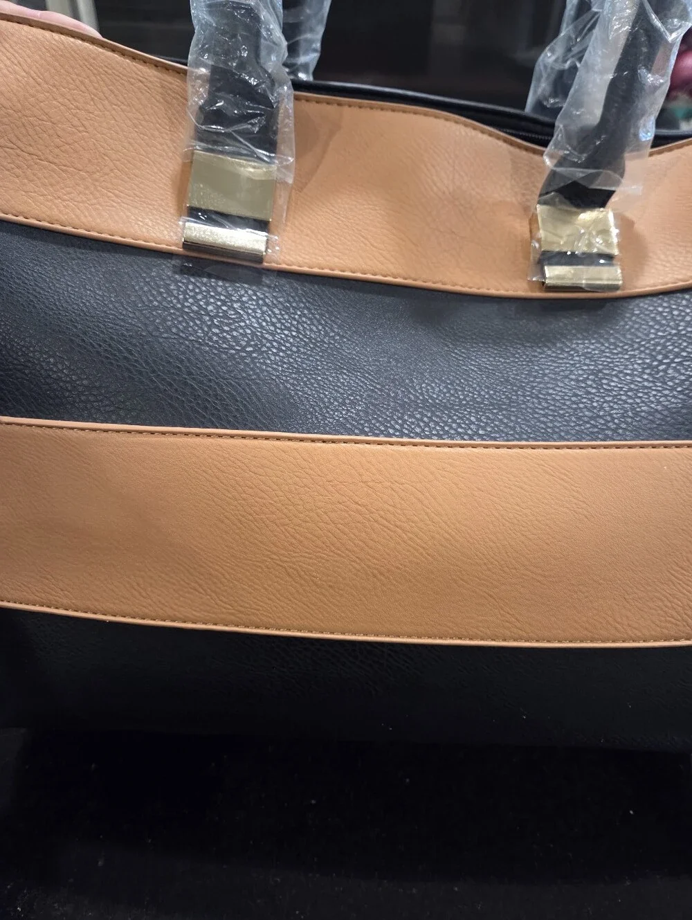 Black & Tan Color Block Tote, Large Structured Travel Work Shoulder Bag